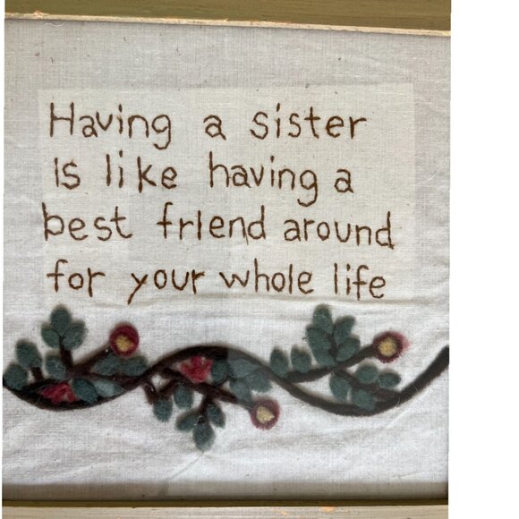 Charming FRAMED NEEDLEPOINT on Fabric w Applique Embroidery Sisters 12.5" sq - Picture 3 of 8